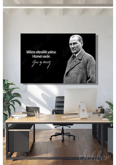 Gazi Mustafa Kemal Atatürk'ün Siyah-beyaz Portresi Ve Bir Özlü Sözü Yatay Kanvas Tablo 4179 Çok Renkli