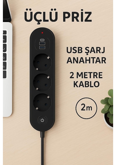 Smayling 3 Lü Priz 2 Usb-a + 1 Usb-c Termal Akım Korumalı, 2500w Güç, Aç/kapa Anahtarlı, Isıya Dayanıklı