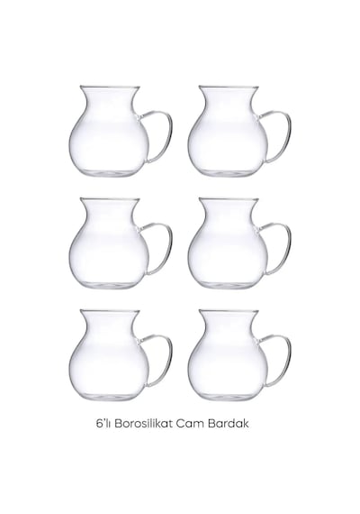 6'lı Bardak Set Pleasure Borosilikat Cam Isıya Dayanıklı Keyfi Ala Kulplu Çay Fincanı Bardağı