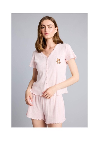 Defacto Regular Fıt Kısa Kollu Ayıcıklı 2li Pembe Pijama Takım H6328ax26smpn436 Pembe-pn436