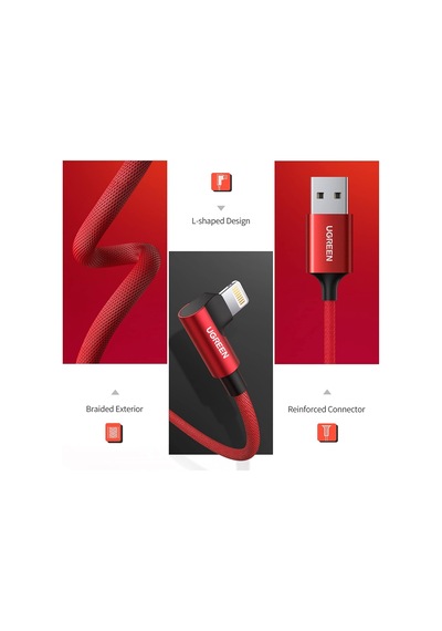 Örgülü 90 Lightning Apple Uyumlu iPhone Oyuncu Şarj Kablosu, Kırmızı, 1 Metre