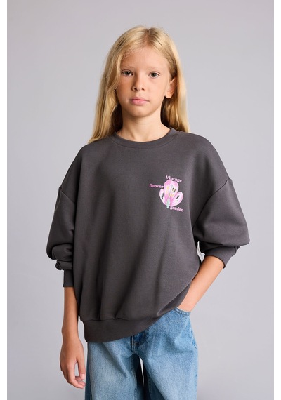 Defacto Relax Fıt Bisiklet Yaka Floral Sweatshirt Kız Çocuk I4172a826auar150 Antrasit-ar150
