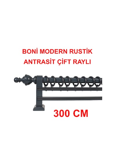 Boni Modern Rustik Ahşap Rustik Perde Askısı Çift Raylı-antrasit 300 Cm Antrasit