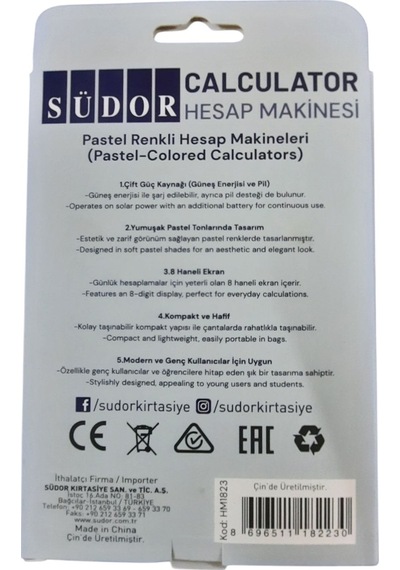 Südor Hm1823 8 Hane Renkli Yuvarlak Tuşlu Pastel Hesap Makinesi Beyaz