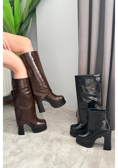 Preshley Kadın Herney Kahverengi Kırışık Rugan 12 Cm Platfom Topuklu Tak Çıkart Bot Çizme Koyu Kahverengi Preshley Kadın Herney Kahverengi Kırışık Rugan 12 Cm Platfom Topuklu Tak Çıkart Bot Çizme Koyu Kahverengi