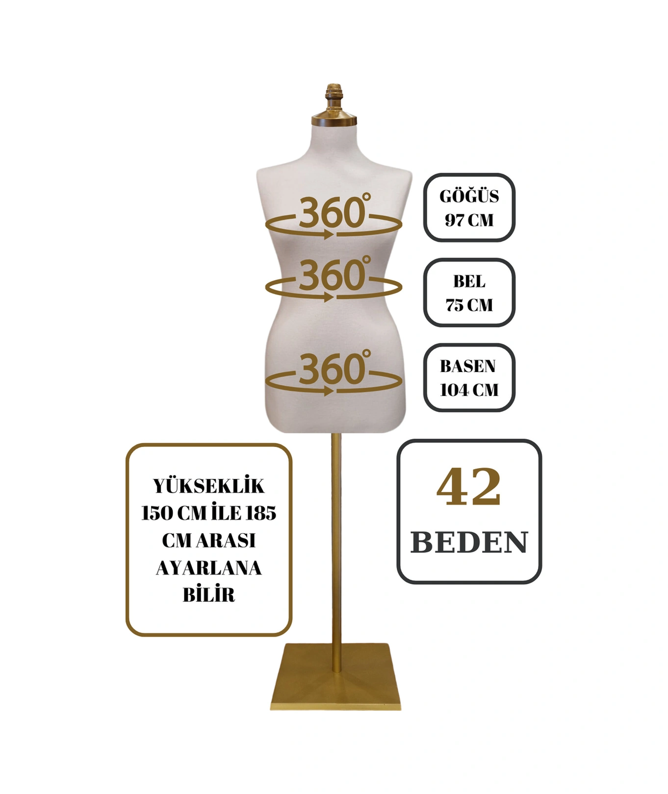 42 Beden Iğne Batabilen Terzi Mankeni Prova Mankeni Sünger Manken Gold Ayaklı Beyaz Kumaş Po-01