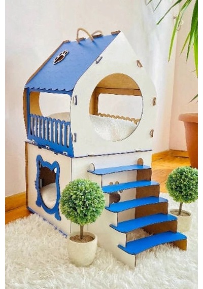 Dekoratif Kedi Evi Teraslı Dublex Mavi