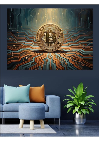 Ahşap Tablo Dev Bitcoin Logosu Ve Devreler