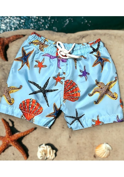 Lolliboomkids Erkek Çocuk Deniz Canlıları Denizaltı Baskı Desen Bel Ayarlı Deniz Şortu / Mayo Mavi Desenli