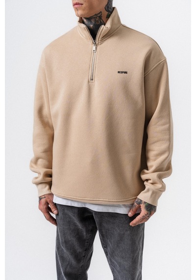 Erkek Respire Yazı Detaylı Yarım Fermuarlı Basic Sweatshirt Bej