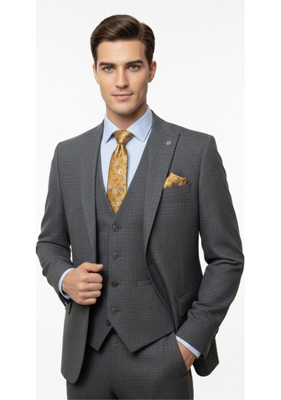 Presto Erkek Slimfit 6 Drop Yelekli Takım Elbise Siyah 786-011 Siyah