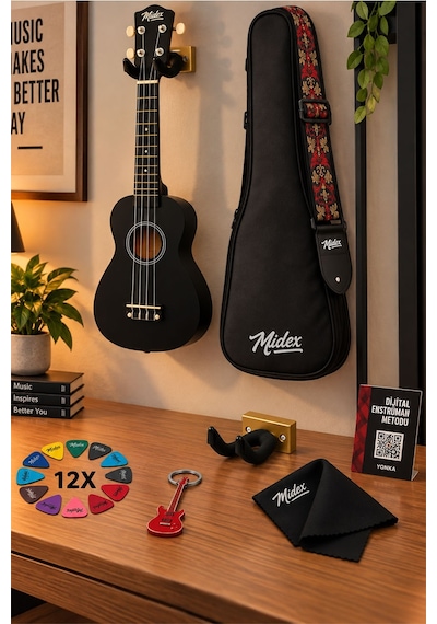 Midex UKX-901BK Siyah Soprano Ukulele (Askı Çanta Metod Pena)