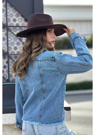 Kadın Açık Mavi Çift Cepli, Eteği Püsküllü, Kaliteli Jeans Kumaş, Rahat Kesim, Kot Ceket Kadın Açık Mavi Çift Cepli, Eteği Püsküllü, Kaliteli Jeans Kumaş, Rahat Kesim, Kot Ceket