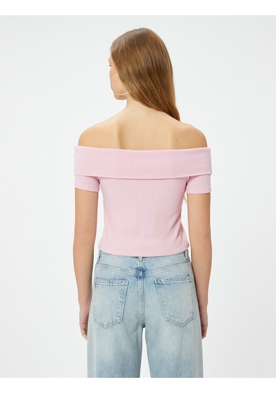 Koton Madonna Yaka Tişört Crop Ribanalı Kısa Kollu Slim Fit Pembe 4sal10803ık Gül Rengi
