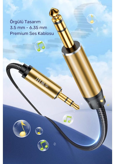 3.5mm - 6.35mm Ses Kablosu, 6.5mm Jak Dönüştürücü Audio Kablo, Gitar Amfi Mikrofon Kulaklık Elektro Piyano Uyumlu, Naylon Örgü, Altın Kaplama, Metal Gövde A583h