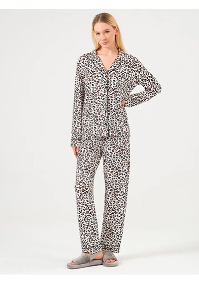 Dofi Kadın Düğmeli Leoparlı Pijama Takımı - Kahverengi