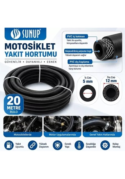 Hubrendy Sh Sunup Sn-38807 20 Metre 12mm Motosiklet Araç Yakıt Hortumu Rulo Esnek Güçlendirilmiş