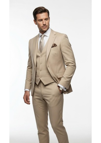 Erkek 3 Parça Slim Fit Takım Elbise Klasik Likralı Kumaş, Tek Düğme, Çift Yırtmaçlı Modern Kesim Ceket Yelek Pantolon Bej