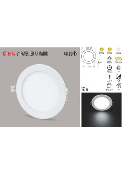 Cata Ct-5147 12 Watt Slim Led Panel Armatür %100 Alüminyum Kasa (470950444) Beyaz