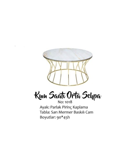 Brc Kum Saati Orta Sehpa Model 1018 Beyaz Mermer Temper Cam Meta