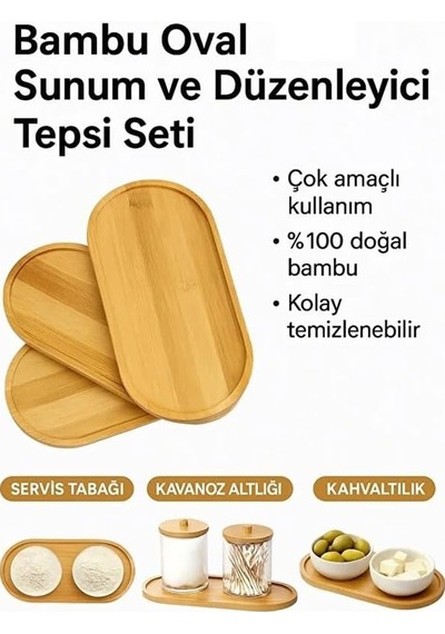 Oval Doğal Bambu Sunum Tabağı - 23x12 Cm Yuvarlak Hatlı Düz Servis Tepsisi - Sushi, Tatlı Ve Kahve Sunumluk