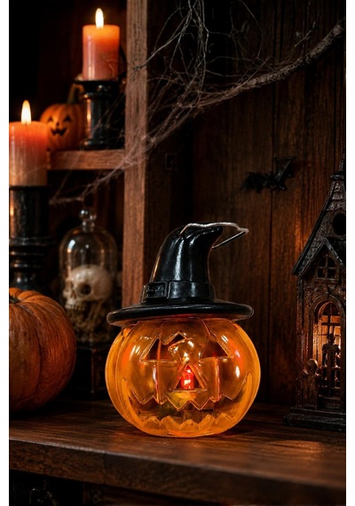 Cadı Şapkalı Led Işıklı Balkabağı Mini Fener 8 X 7 Cm Halloween Cadılar Bayramı Dekoru Tüm Yaşlar