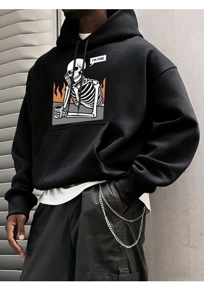 Startmore Tarzsokak I'm Fine İskelet Baskılı Erkek Basic Kapüşonlu Üstleri Hip Hop Bol Sweatshirtler Günlük Polar Siyah