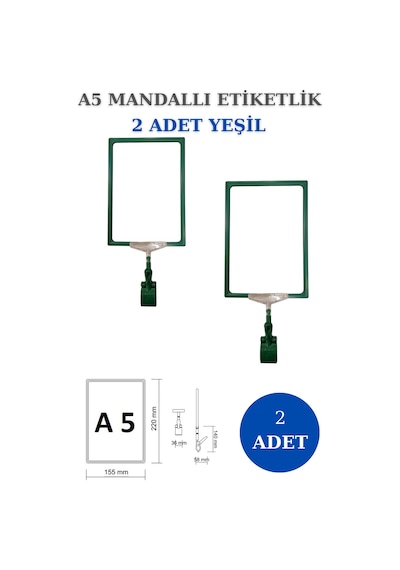 2 Adet Yeşil A5 Mandallı Raf Sepet Etiketi Çerçeveli Etiketlik Yeşil