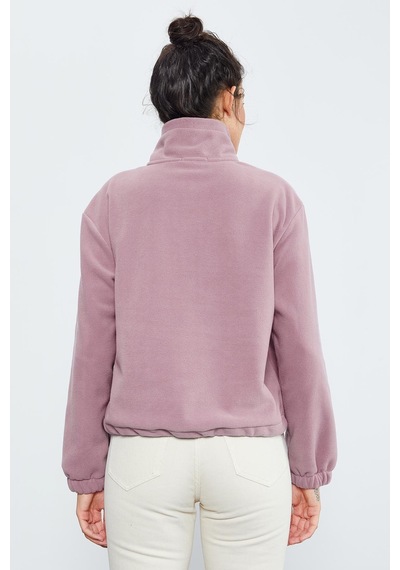 Tommy Life Gül Kurusu Yarım Fermuar Etek Ucu Büzgülü Kadın Polar Oversize Sweatshirt - 97171 Gülkurusu