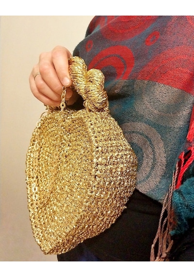 Kemzey Handmade Gold Kalp Çanta , Altın Sarı Parlak Kalp Çantası Altın
