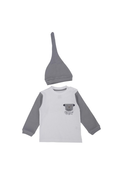 Bebelop Unisex Bebek Raporlu Hayvan Nakışlı Şapkalı 2'li Alt Üst Takım 001