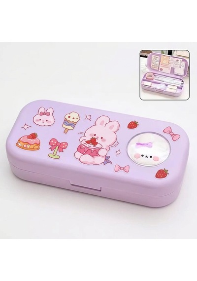 Sevimli Kawaii Figürlü Kalem Kutusu Çok Bölmeli Çift Katlı Büyük Kapasiteli Kalem Kutusu Sticker'lı Kalem Kutusu Sticker Yapıştırılabilir Kalemlik Sticker Kalemlik Mor