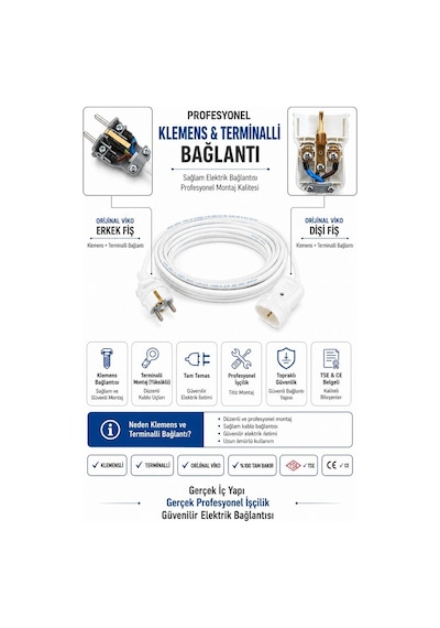 Viko Seyyar Uzatma Kablosu 1m 1 Metre 3x1.5 Mm %100 Bakır Öznur Kablo Viko Erkek Dişi Fiş Klemens Terminalli Topraklı Tse Ce Belgeli 1 M