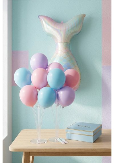 Makaron Denizkızı Kuyruğu Balon Stand Seti Şeffaf 7 Li Stand + Makaron Denizkızı Kuyruğu Folyo Balon + 7 Lateks Balon