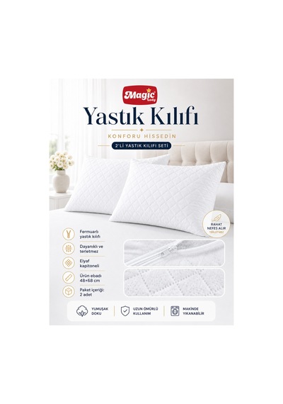 2 Li Fermuarlı Kapitoneli Yastık Kılıfı 48x68 Cm Beyaz Beyaz
