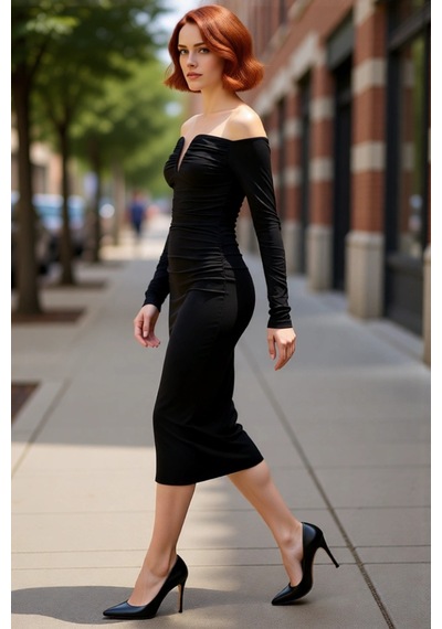 Ersefa Moda Stil Fitted Carmen Yaka Midi Boy Vücuda Oturan Örme Elbise Siyah