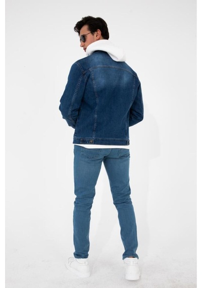 HLT Jeans Erkek Mavi Jean Denim Standart Kalıp Pamuk Cepli Düğmeli Kot Ceket 001