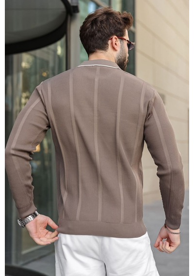 Madmext Açık Kahverengi Polo Yaka Yarım Fermuarlı Fitilli Erkek Triko Kazak E7515 Madmext Açık Kahverengi Polo Yaka Yarım Fermuarlı Fitilli Erkek Triko Kazak E7515