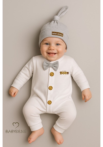 Babyden's Mini Boss Erkek Bebek Tulum Ve Şapka Seti Yenidoğan Papyonlu Bebek Tulumu %100 Pamuk Gri