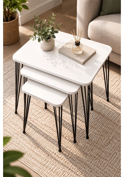 Sulorahome Metal Tel Zigon Sehpa Takımı Beyaz 3'lü