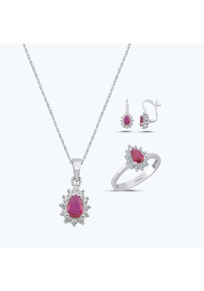 Altınbaş Kırmızı Taşlı Altın Üçlü Damla Set Autk0017-b-24627-k-set