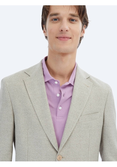 Kip Açık Haki Desenli Modern Fit Keten Karışımlı Ceket Açık Haki