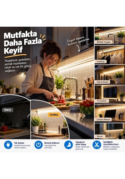 Şerit Led 5 Metre Mutfak Dolabı Tezgah Altı Aydınlatma Adaptörlü Butonlu Tak Çalıştır Sb-6556 Gün Işığı