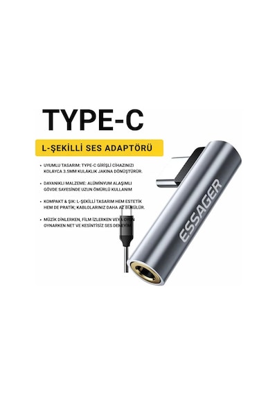 Essager L Tipi Type-c To 3.5mm Aux Dönüştürücü Type-c To 3.5mm Kulaklık Dönüştürücü Ses Dönüştürücü Kablo -