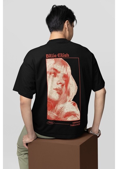 Sevbano Tasarım Billie Eilish Baskılı Unisex Oversize Şarkıcı Tişört Siyah