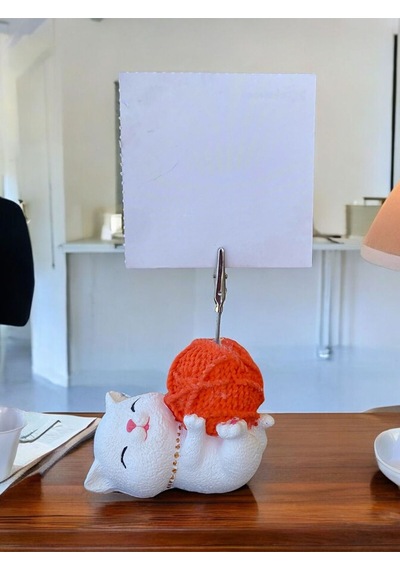 Turuncu Yumaklı Yatan Kawaii Kedi Temalı Not Tutacağı Fotoğraf Tutacak Tutucu Ofis Hediyelik Turuncu