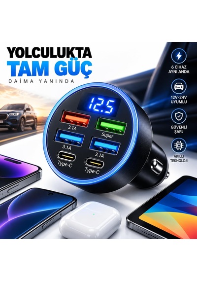 6 Portlu Araç Şarj Cihazı 4 Usb + 2 Type-c, Led Akü Voltaj Göstergeli, 3.1a Çoklu Şarj Soketi, Oto Çakmaklık Usb Adaptörü