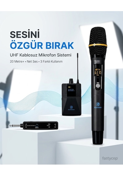 Uhf Kablosuz Mikrofon Seti El Yaka Ve Boyun Mikrofonlu 6.5mm Alıcılı 3.5mm Çeviricili Profesyonel