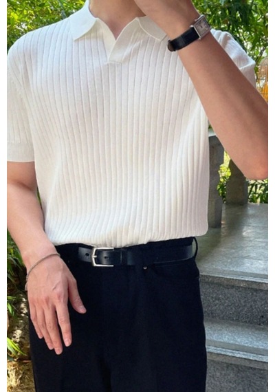 Cool Tarz Beyaz Erkek Fitilli Polo Yaka Triko T-shirt Beyaz Beyaz