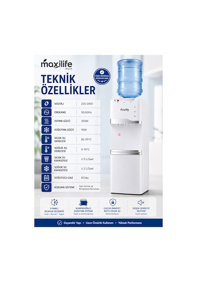 Maxilife PS-SLR-210 Aqua Kompresörlü Su Sebili Sıcak Soğuk Normal Su Alt Dolaplı 3 Musluklu Su Sebili Beyaz